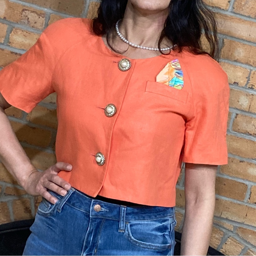 VTG Designer Orange Coral Linen Cropped Jacket Top Pearl Buttons Women’s Size 4